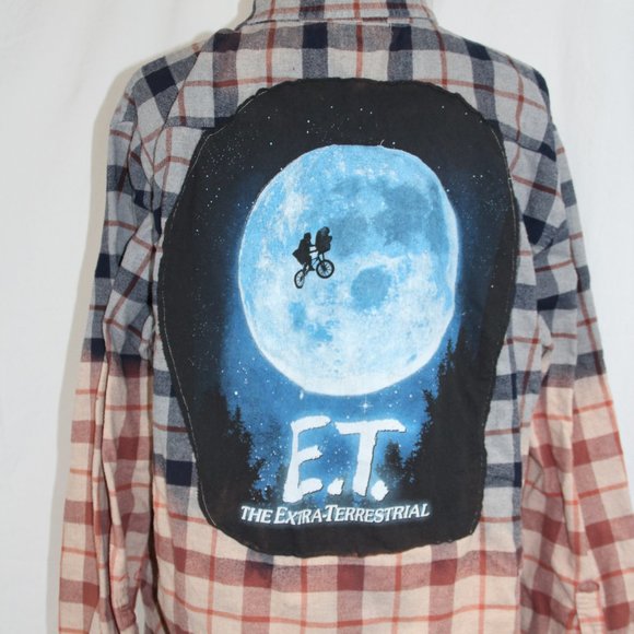 E.T. Vintage Patched Flannel Adult XL unisex Distressed Plaid One of a Kind - Picture 2 of 8